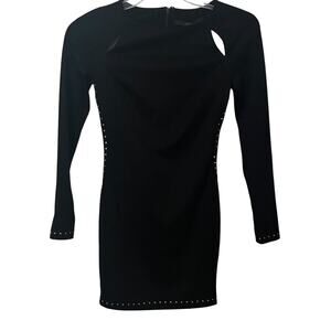 GUESS LONG SLV RND NECK MINI BODYCON DRESS, WOMENS, XS, BLACK & SILVER, ZIPPERS